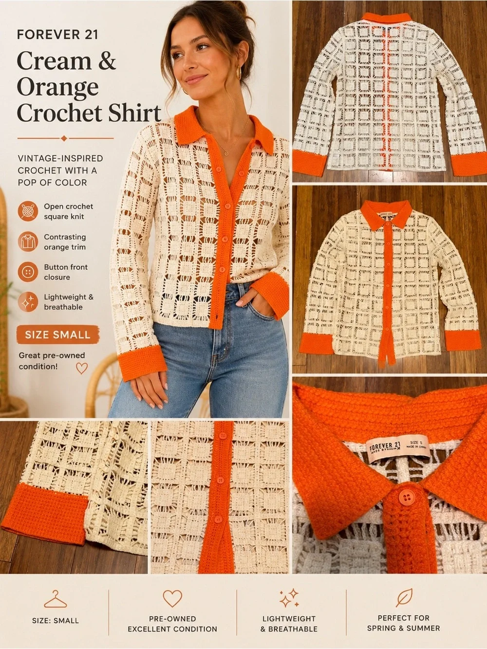 Forever 21 Cream and Orange Crochet Shirt Women’s Size Small Boho Festival